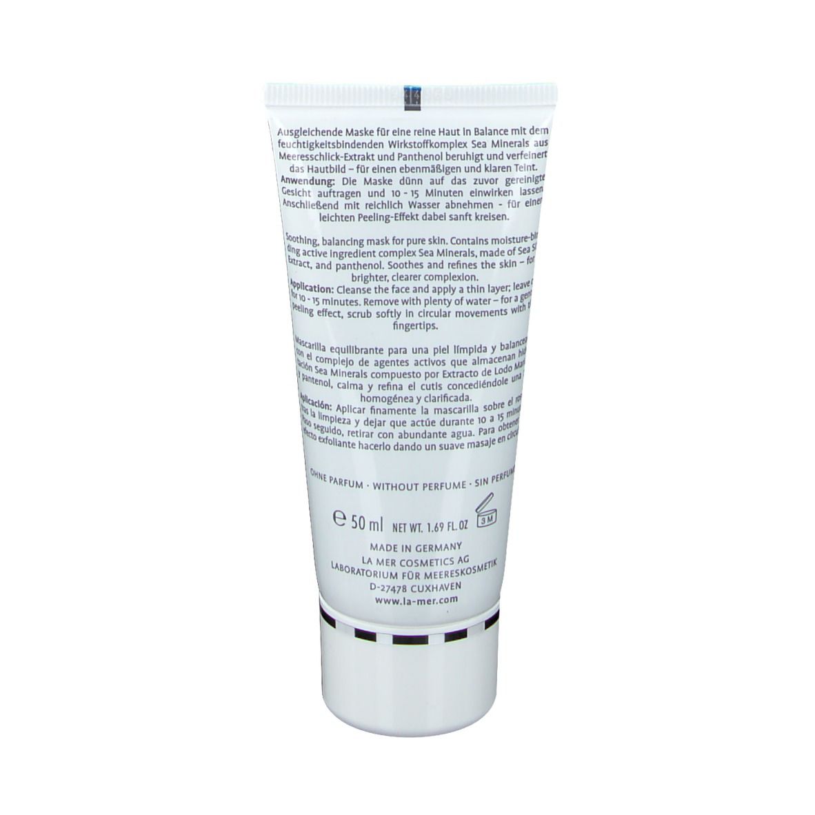 Rückseite der Tube. Text in Deutsch, Englisch und Spanisch. Produktinformationen und Anwendungshinweise.