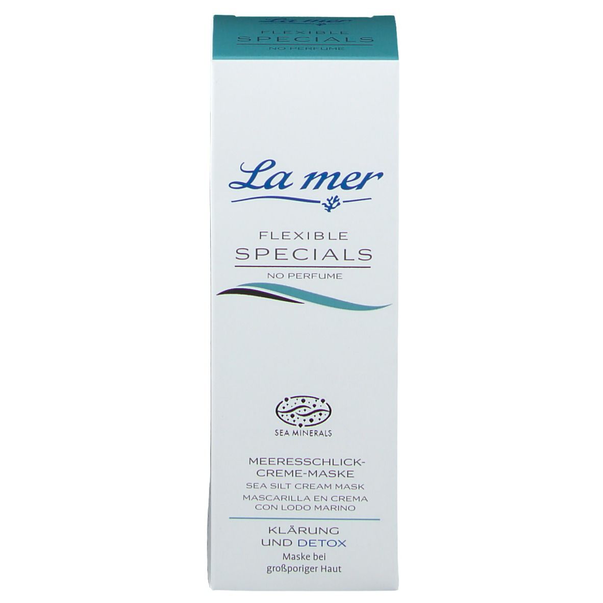 Weiße Produktverpackung mit blauem Text. Produktname: FLEXIBLE SPECIALS Meeresschlick-Creme-Maske. Logo: La mer. Mit Siegel.