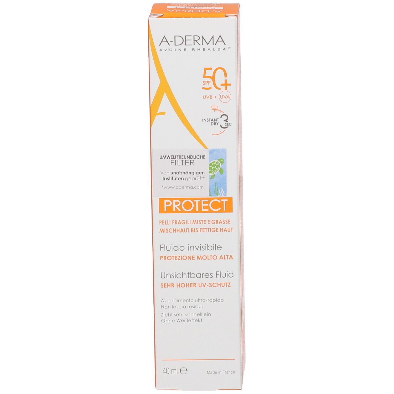 A-Derma Protect Fluid Invisible mit LSF 50+ in 40ml Verpackung.