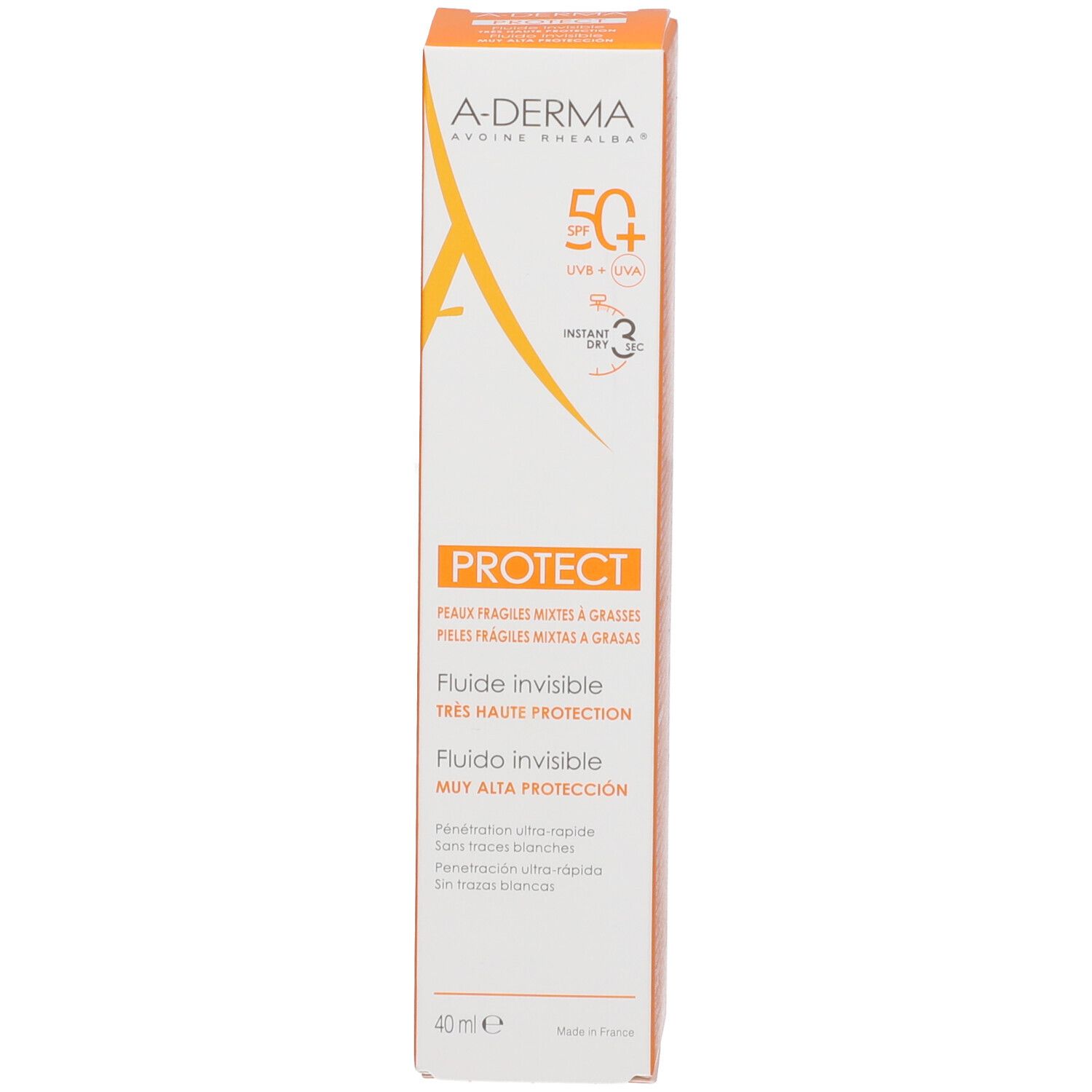 A-Derma Protect Fluid unsichtbar, LSF 50+. Kartonverpackung.