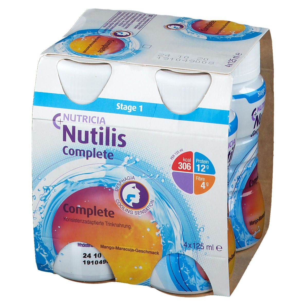 Packung mit vier Flaschen. Aufschrift: Nutricia Complete, Mango-Maracuja-Geschmack. Stage 1. Nährwertangaben.