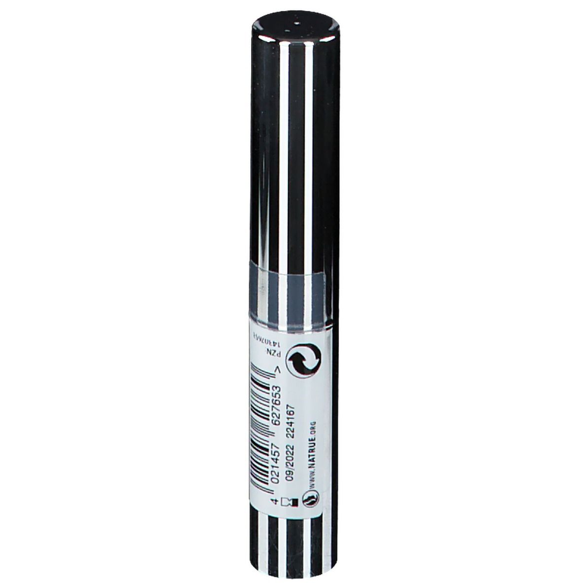 Zylindrische Kosmetikverpackung mit schwarz-weiß gestreiftem Design. Silberfarbenes Oberteil. Mit Logo und Produktinformationen.