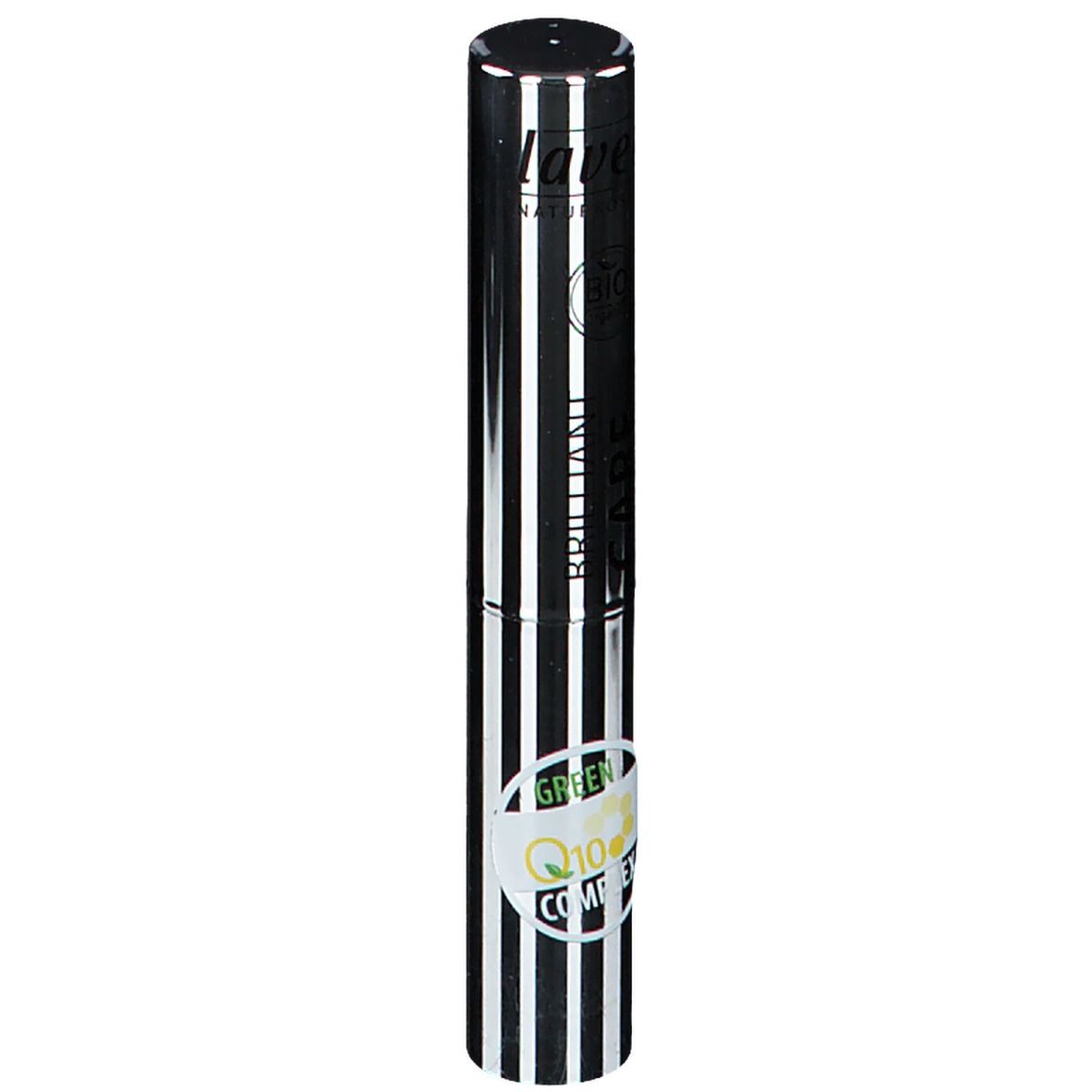 Zylindrische Kosmetikverpackung mit schwarz-weiß gestreiftem Design. Silberfarbenes Oberteil. Mit Aufschrift 'BRILLIANT CARE Q10'.