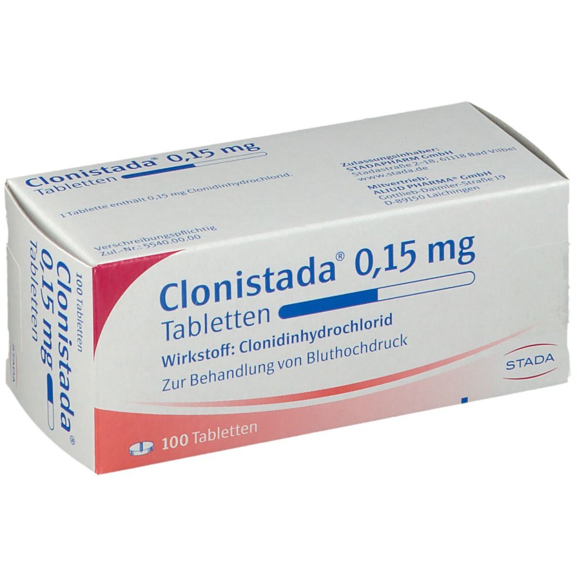 Schachtel mit Tabletten. Aufschrift: Clonisatda® 0,15 mg Tabletten. 100 Tabletten. STADA.