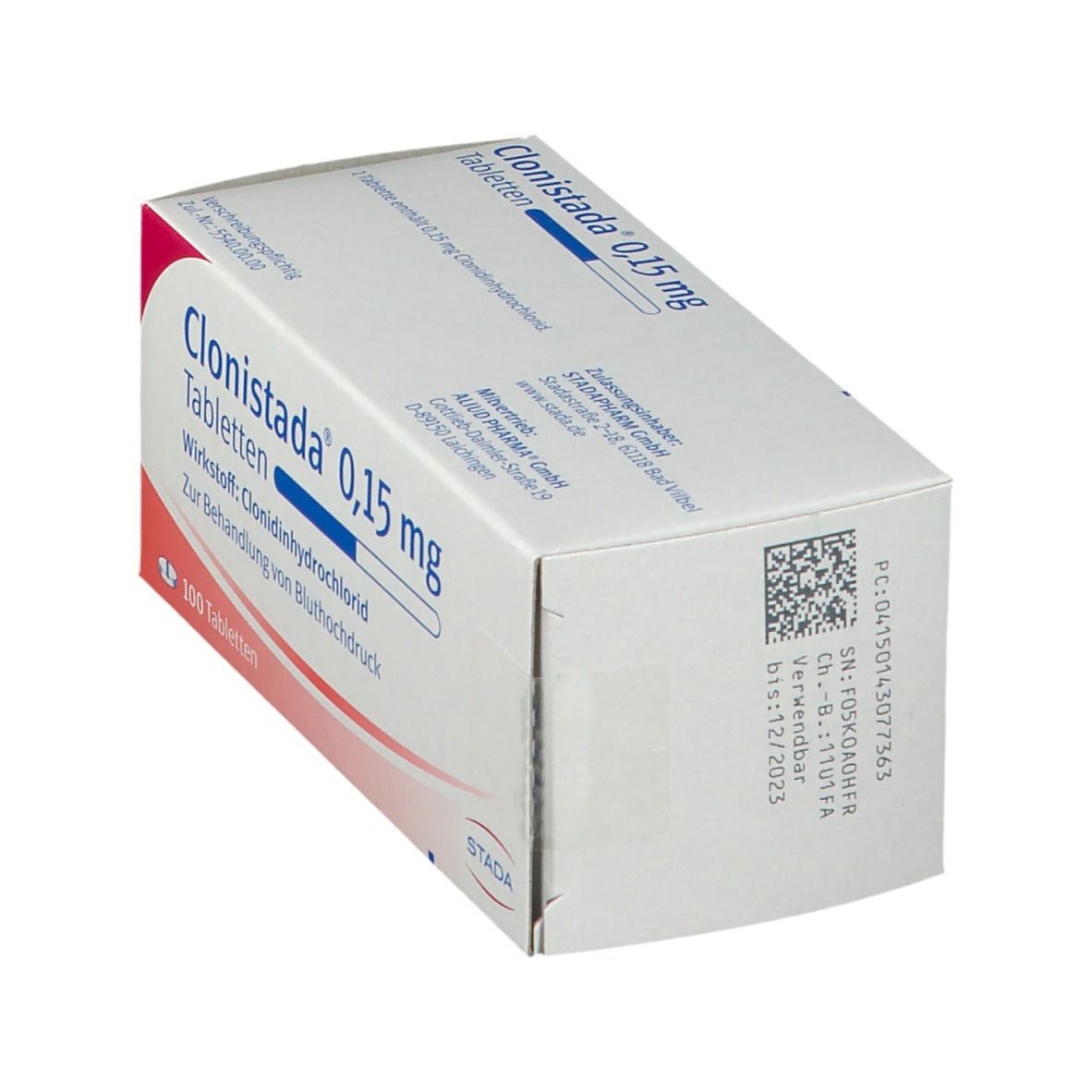 Schachtel mit Tabletten. Aufschrift: Clonisatda® 0,15 mg Tabletten. STADA. Barcode und Verfallsdatum.