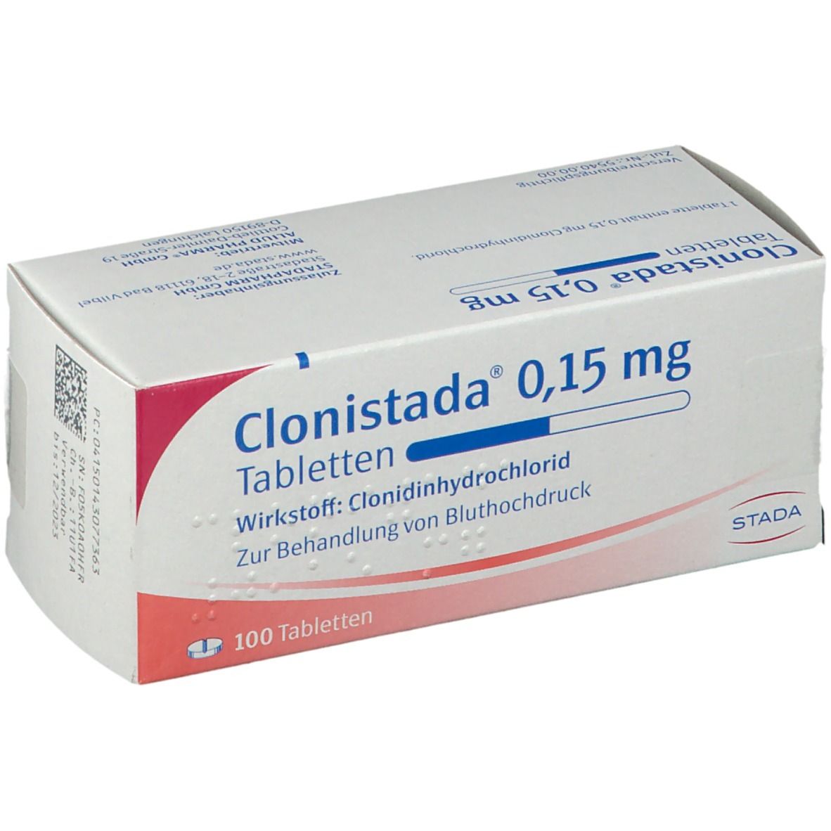 Schachtel mit Tabletten. Aufschrift: Clonisatda® 0,15 mg Tabletten. 100 Tabletten. STADA.