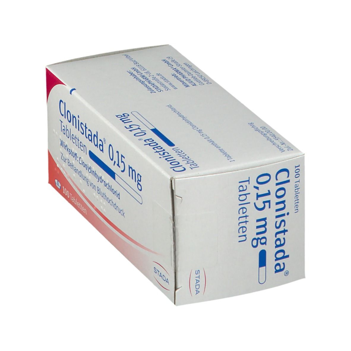 Schachtel mit Tabletten. Aufschrift: Clonisatda® 0,15 mg Tabletten. STADA.