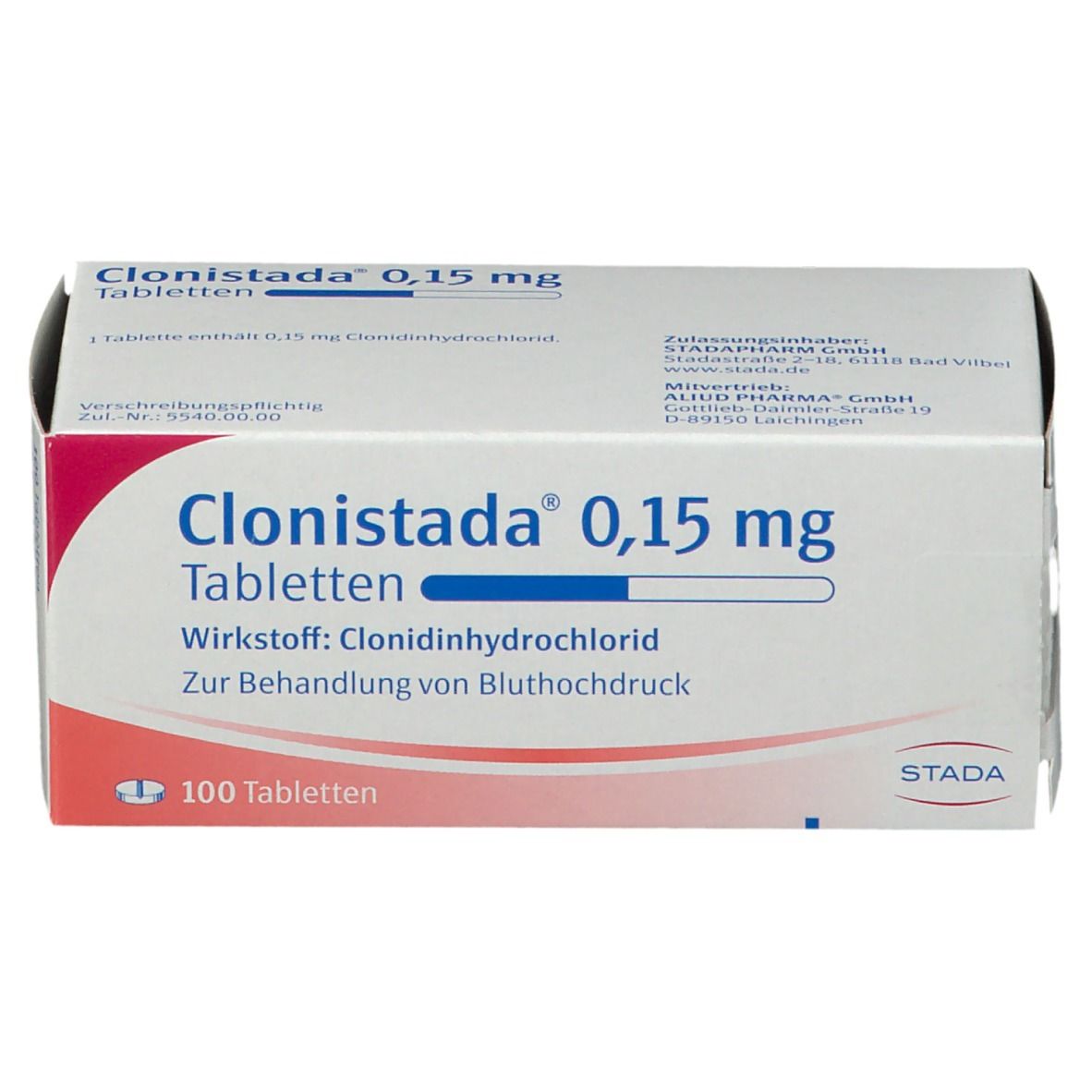 Schachtel mit Tabletten. Aufschrift: Clonisatda® 0,15 mg Tabletten. 100 Tabletten. STADA.