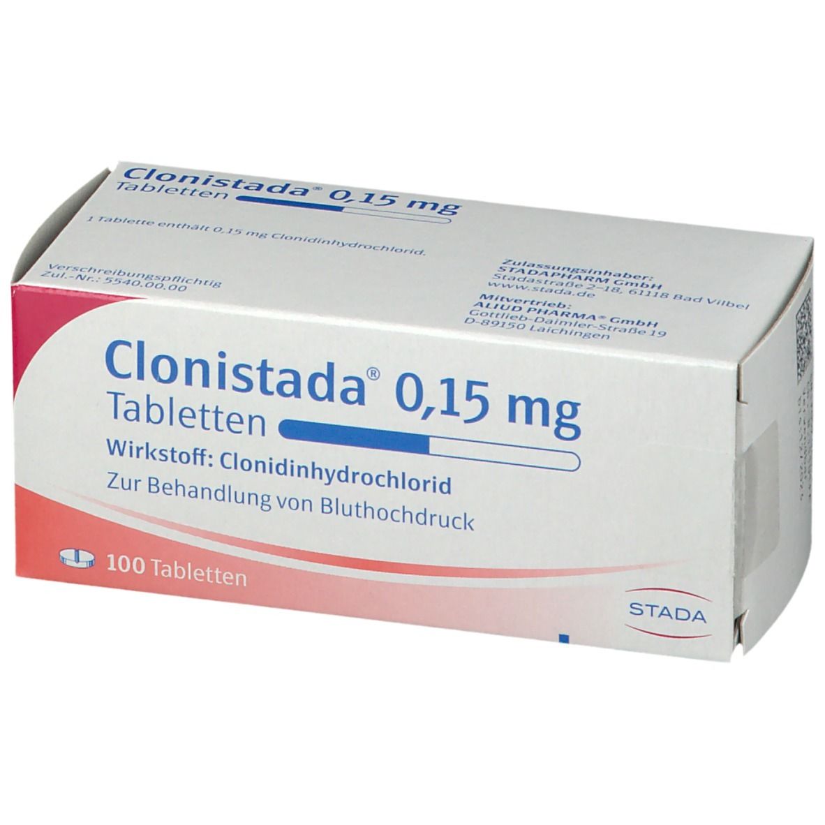 Schachtel mit Tabletten. Aufschrift: Clonisatda® 0,15 mg Tabletten. 100 Tabletten. STADA.