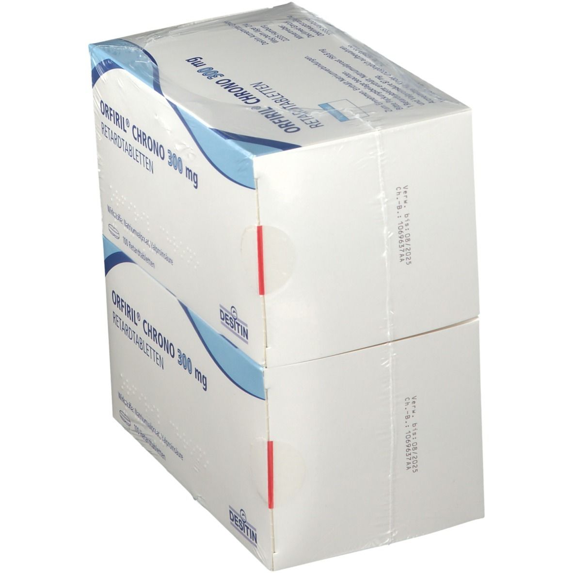 Zwei in Folie verpackte Kartons Orfiril® CHRONO 300 mg, Retardtabletten. Aufdruck: Wirkstoffe, 100 Retardtabletten, Desitin. Sichtbar: Haltbarkeitsdatum.