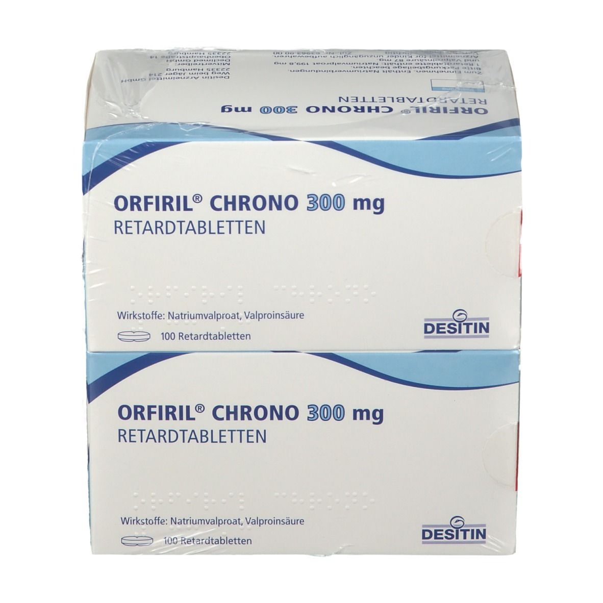 Zwei Kartons Orfiril® CHRONO 300 mg, Retardtabletten, in Folie verpackt. Aufdruck: Wirkstoffe, 100 Retardtabletten, Desitin.