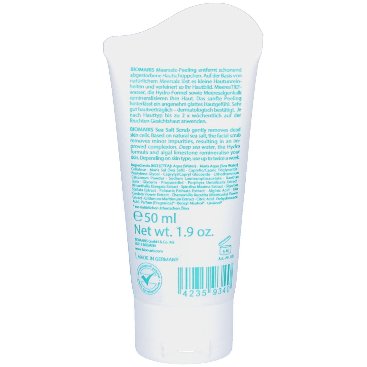 Rückseite der Tube. Text: BIOMARIS Meersalz-Peeling. Inhaltsstoffe, Anwendungshinweise. Logo und Zertifizierung.