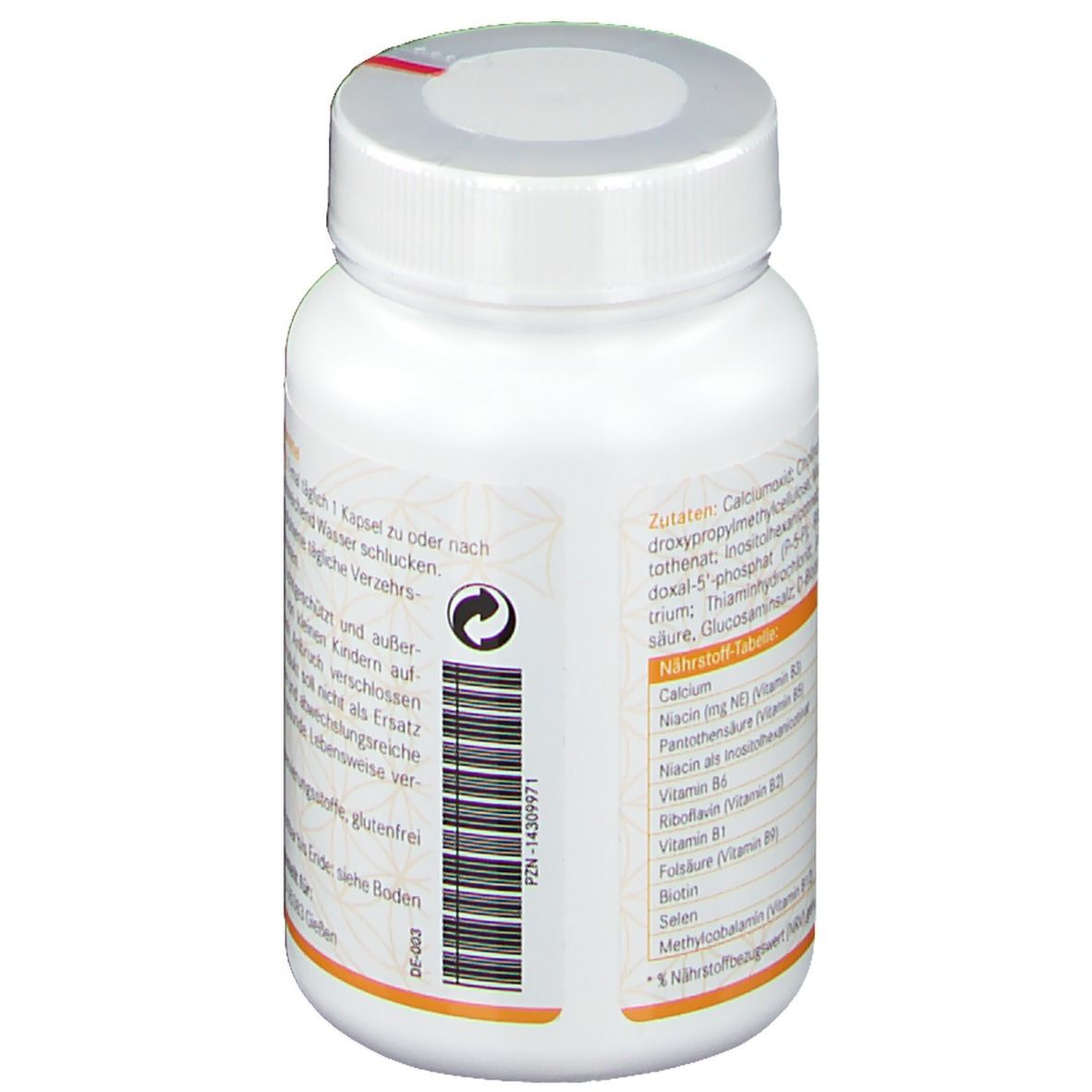 Rückseite einer weißen Flasche. Orangefarbenes Etikett mit Zutaten und Nährwerttabelle. Barcode.