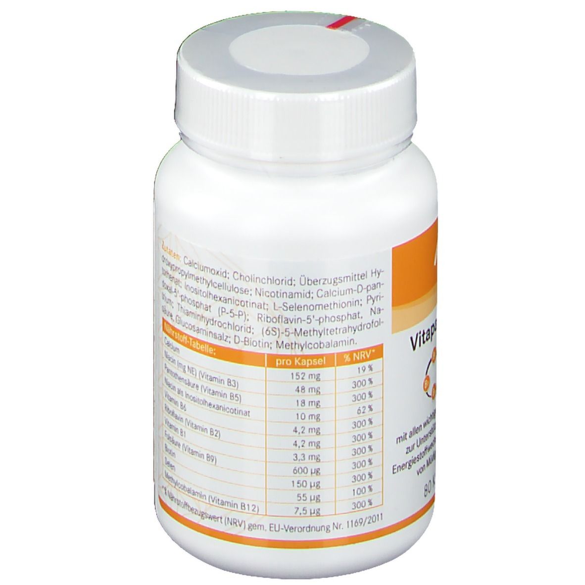 Rückseite einer weißen Flasche. Orangefarbenes Etikett mit Zutaten und Nährwerttabelle.