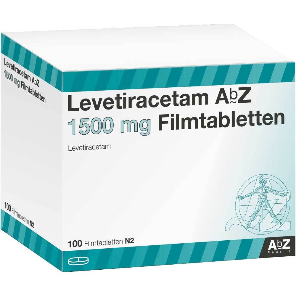 Schachtel mit Levetiracetam AbZ 1500 mg Filmtabletten. 100 Tabletten. Marke AbZ Pharma. Weiß-türkises Design.