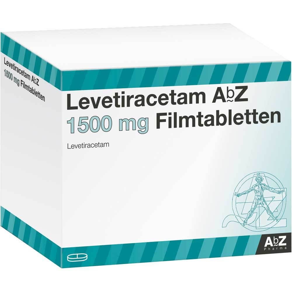 Schachtel mit Levetiracetam AbZ 1500 mg Filmtabletten. Weiß mit blauen Streifen und Logo.