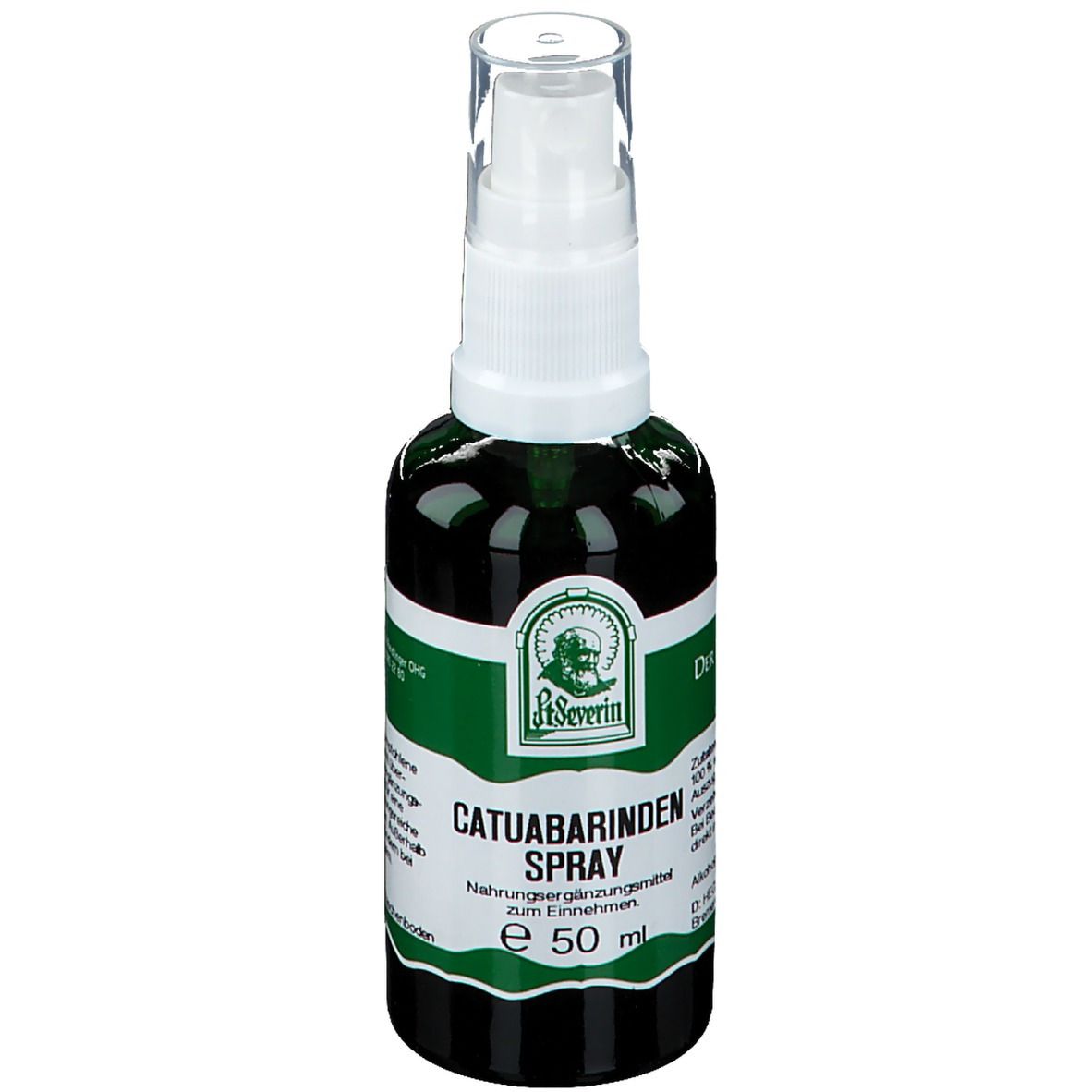 Grüne Glasflasche mit weißem Sprühkopf. Aufschrift: Catuabarinden Spray, St. Severin. E 50 ml.