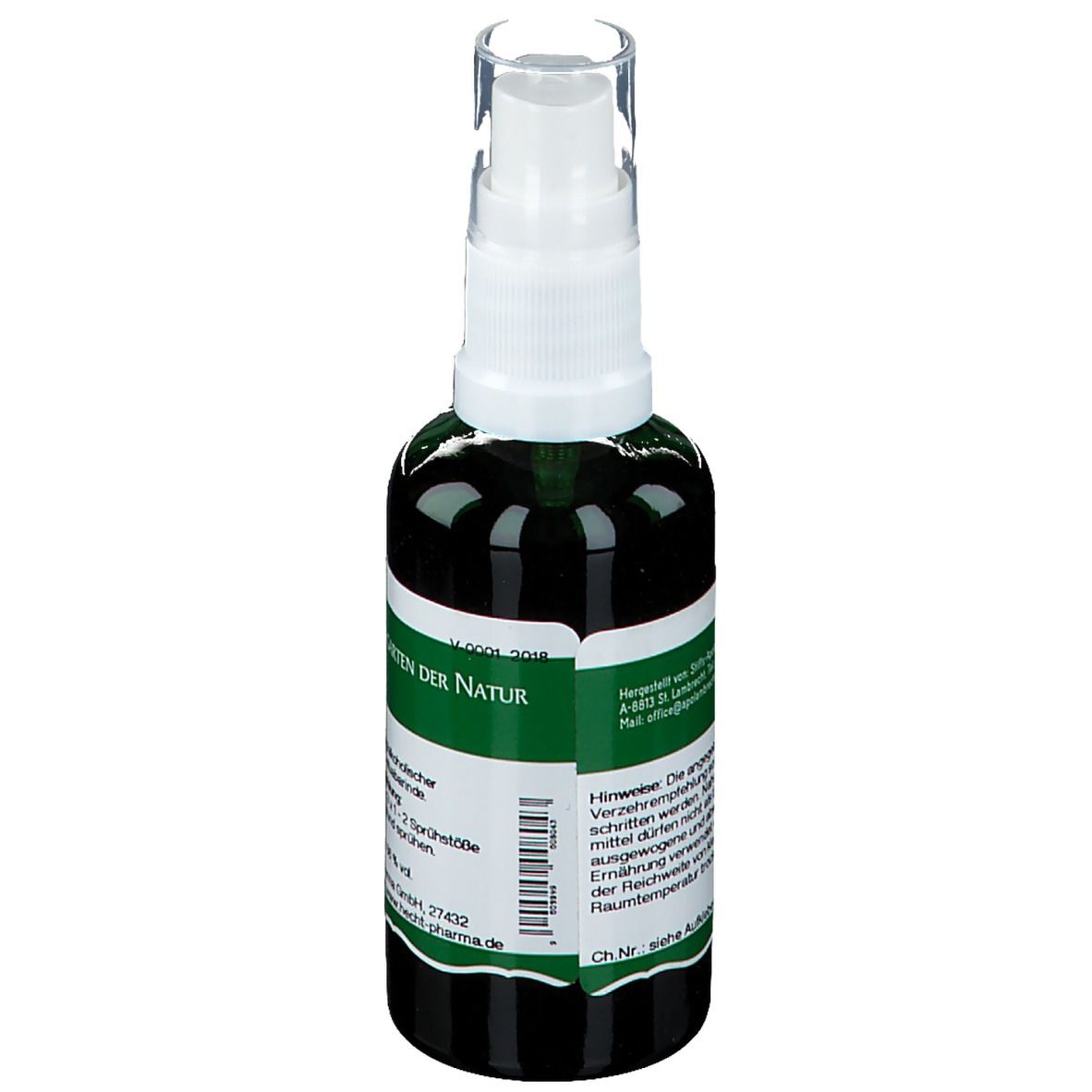 Grüne Glasflasche mit weißem Sprühkopf. Text in Deutsch. Barcode. E 50 ml.