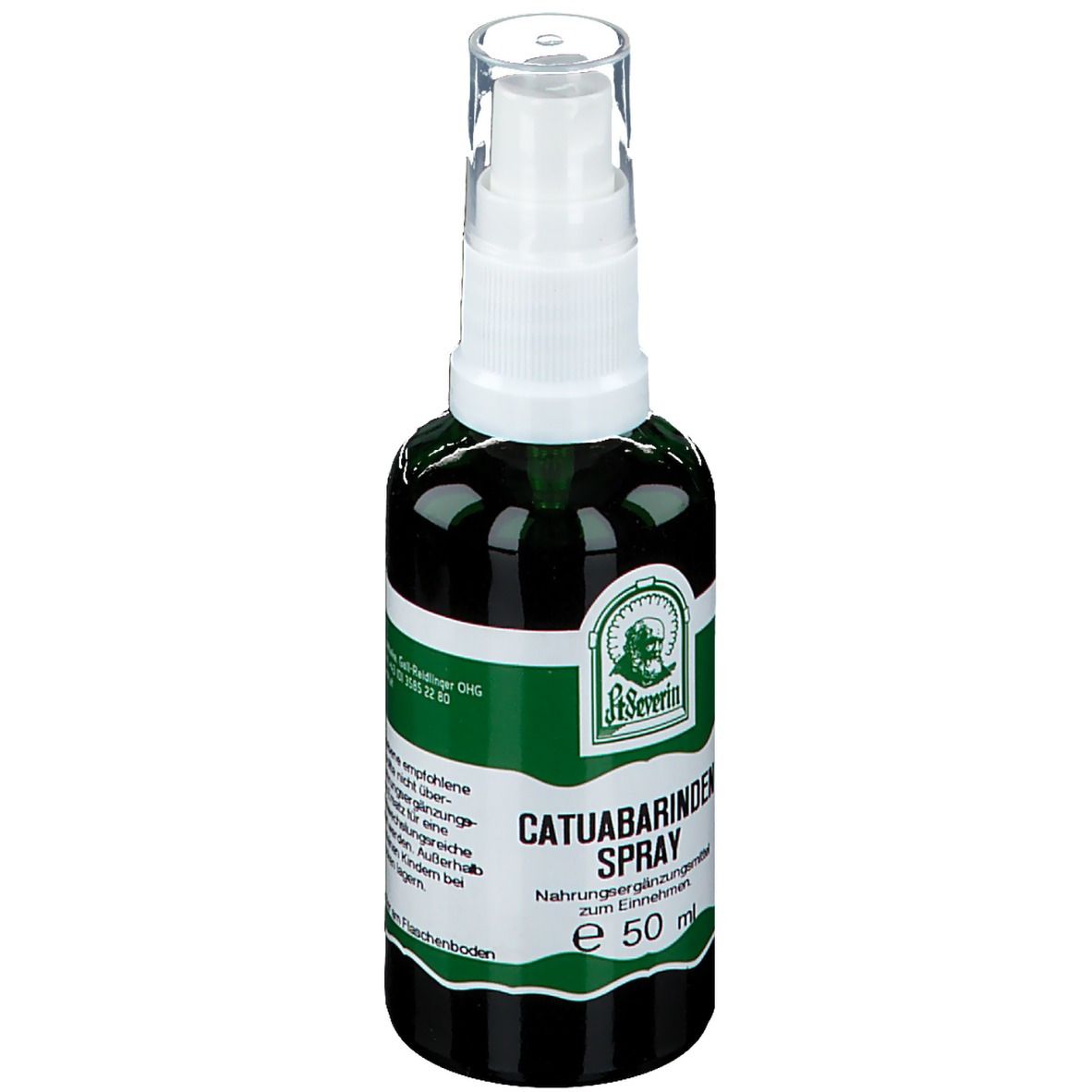 Grüne Glasflasche mit weißem Sprühkopf. Aufschrift: Catuabarinden Spray, St. Severin. E 50 ml.