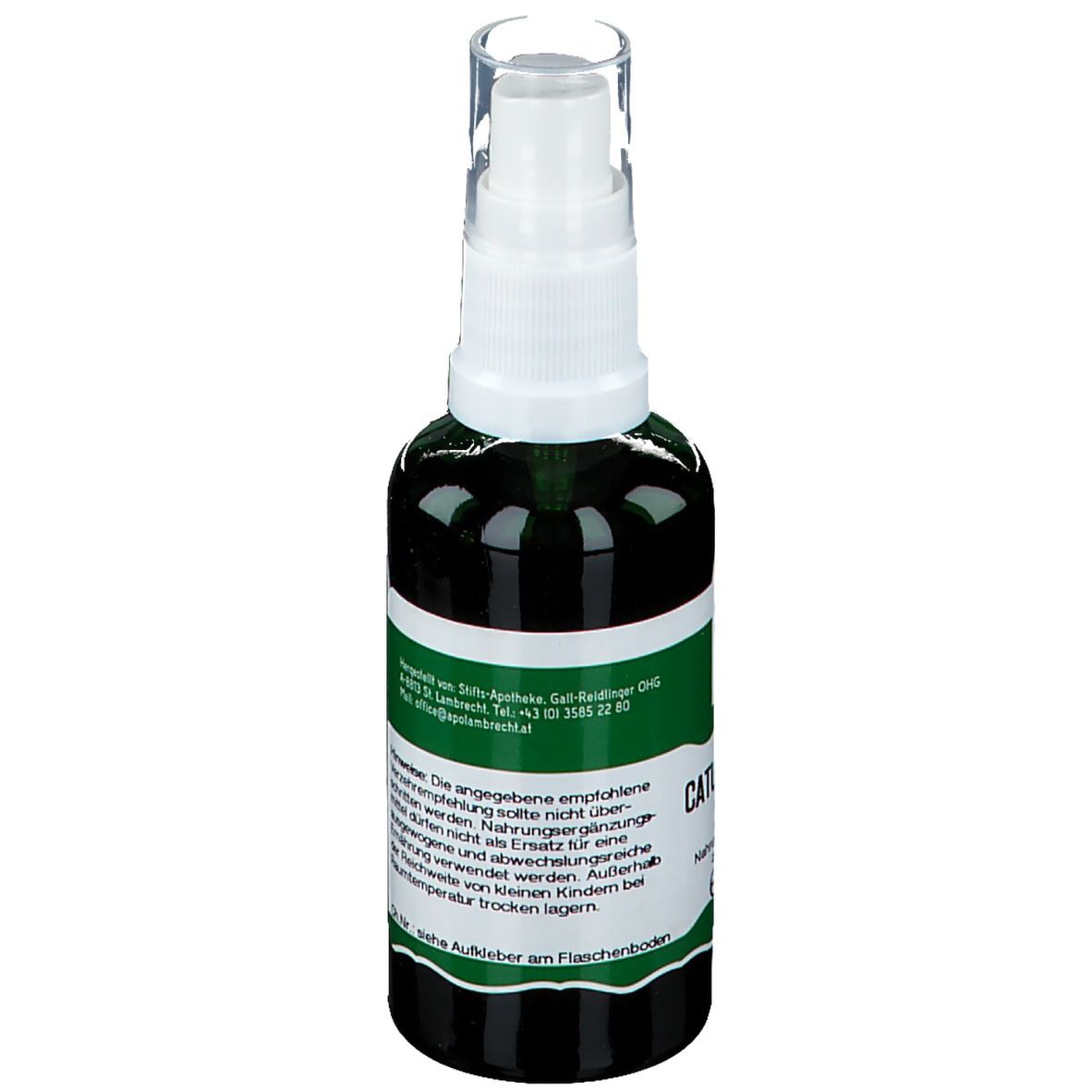 Grüne Glasflasche mit weißem Sprühkopf. Text in Deutsch. E 50 ml. Aufkleber am Flaschenboden.