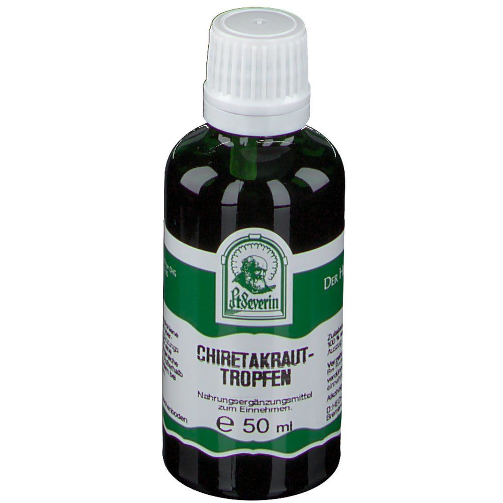 Grüne Glasflasche mit weißem Deckel. Etikett mit Produktnamen und Logo. Schriftzug: Chiretakraut-Tropfen. 50 ml.