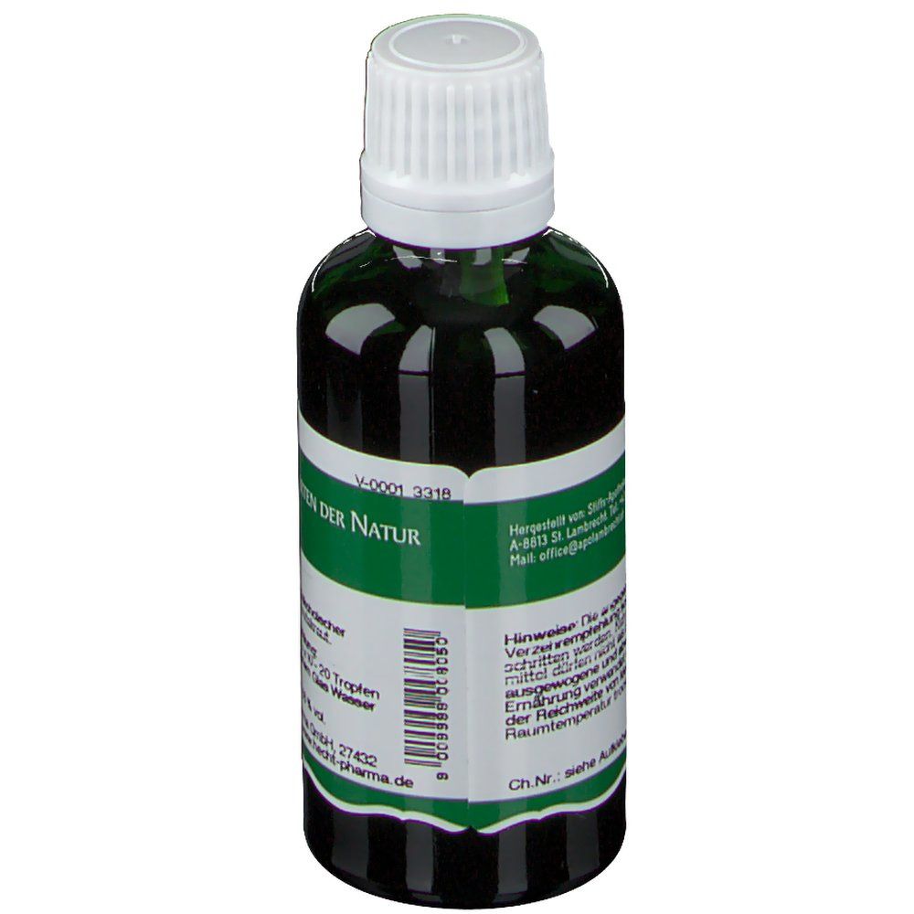 Grüne Glasflasche mit weißem Deckel. Etikett mit Produktinformationen. Schriftzug: Der Heilgarten der Natur. Herstellerinformationen.