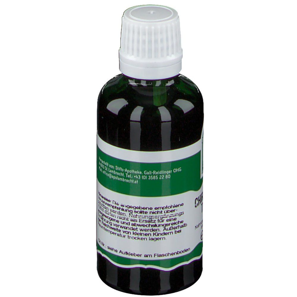 Grüne Glasflasche mit weißem Deckel. Etikett mit Produktinformationen. Schriftzug: Chiretakraut-Tropfen. Apothekeninformationen.