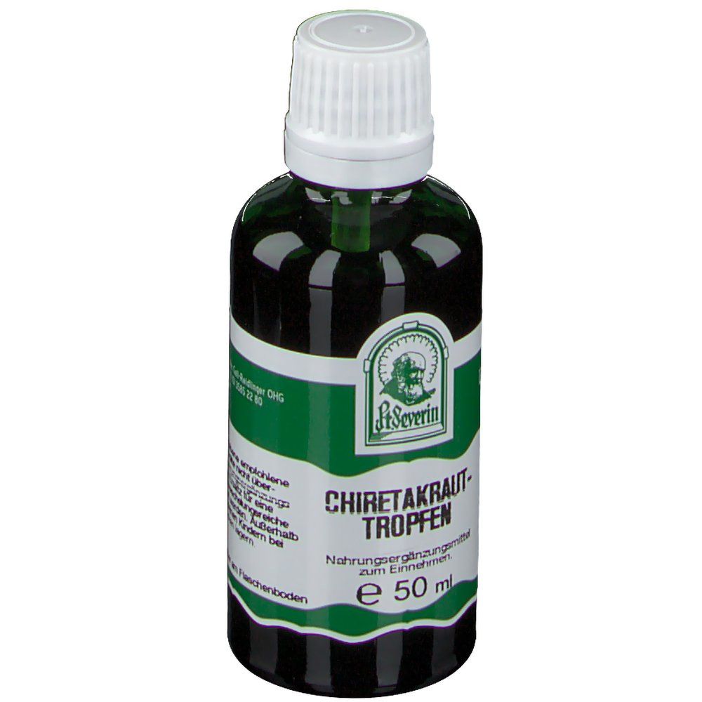 Grüne Glasflasche mit weißem Deckel. Etikett mit Logo und Produktnamen. Schriftzug: Chiretakraut-Tropfen. 50 ml.