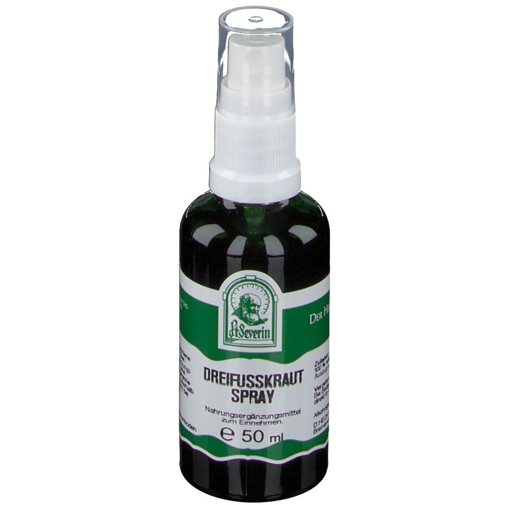 Grüne Sprühflasche mit weißem Sprühkopf. Aufschrift: Dreifusskraut Spray, St. Severin. Mit grünen und weißen Etiketten.