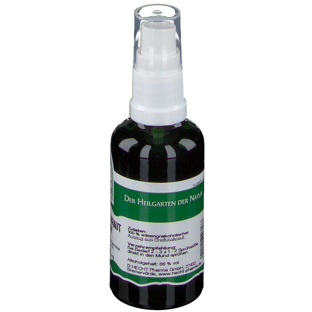 Grüne Sprühflasche mit weißem Sprühkopf. Aufschrift: Der Heilgarten der Natur. Etikett mit Produktinformationen.