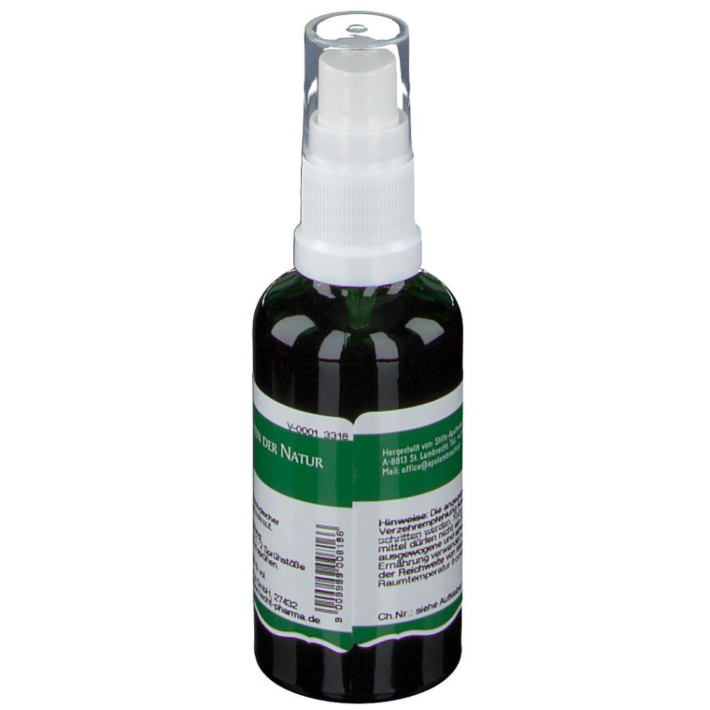 Grüne Sprühflasche mit weißem Sprühkopf. Etikett mit Produktinformationen und Barcode. Aufschrift: Der Heilgarten der Natur.