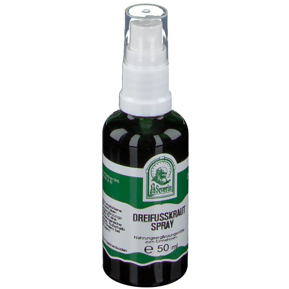 Grüne Sprühflasche mit weißem Sprühkopf. Aufschrift: Dreifusskraut Spray, St. Severin. Mit grünen und weißen Etiketten.