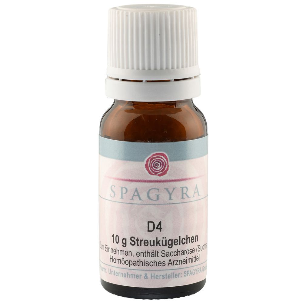Braune Glasflasche mit weißem Deckel. Etikett mit Text: SPAGYRA, D4, 10 g Streukügelchen. Homöopathisches Arzneimittel.