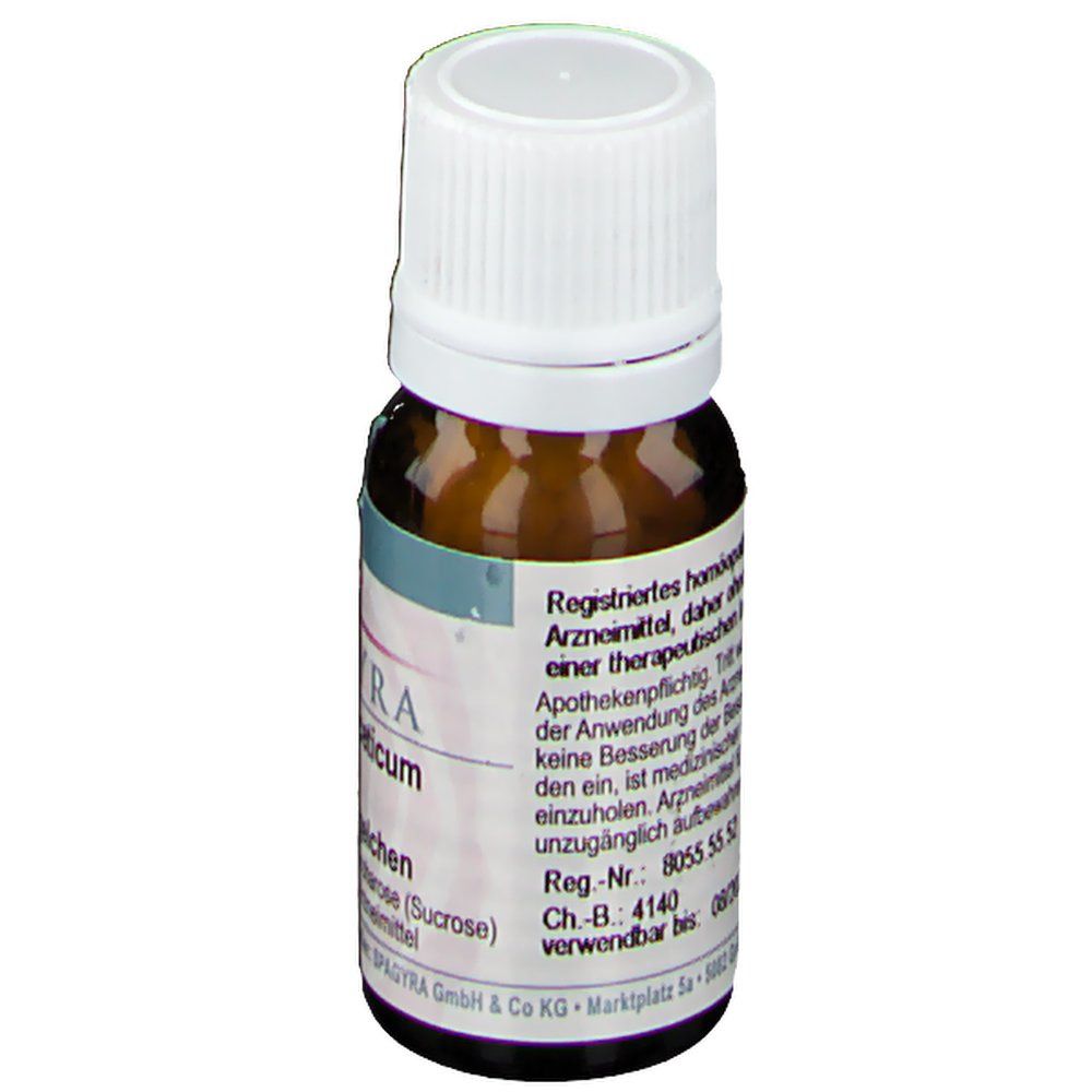 Braune Glasflasche mit weißem Deckel. Etikett mit Produktinformationen und Herstellerangaben.