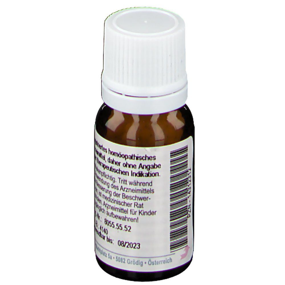 Braune Glasflasche mit weißem Deckel. Etikett mit Produktinformationen und Herstellerangaben.