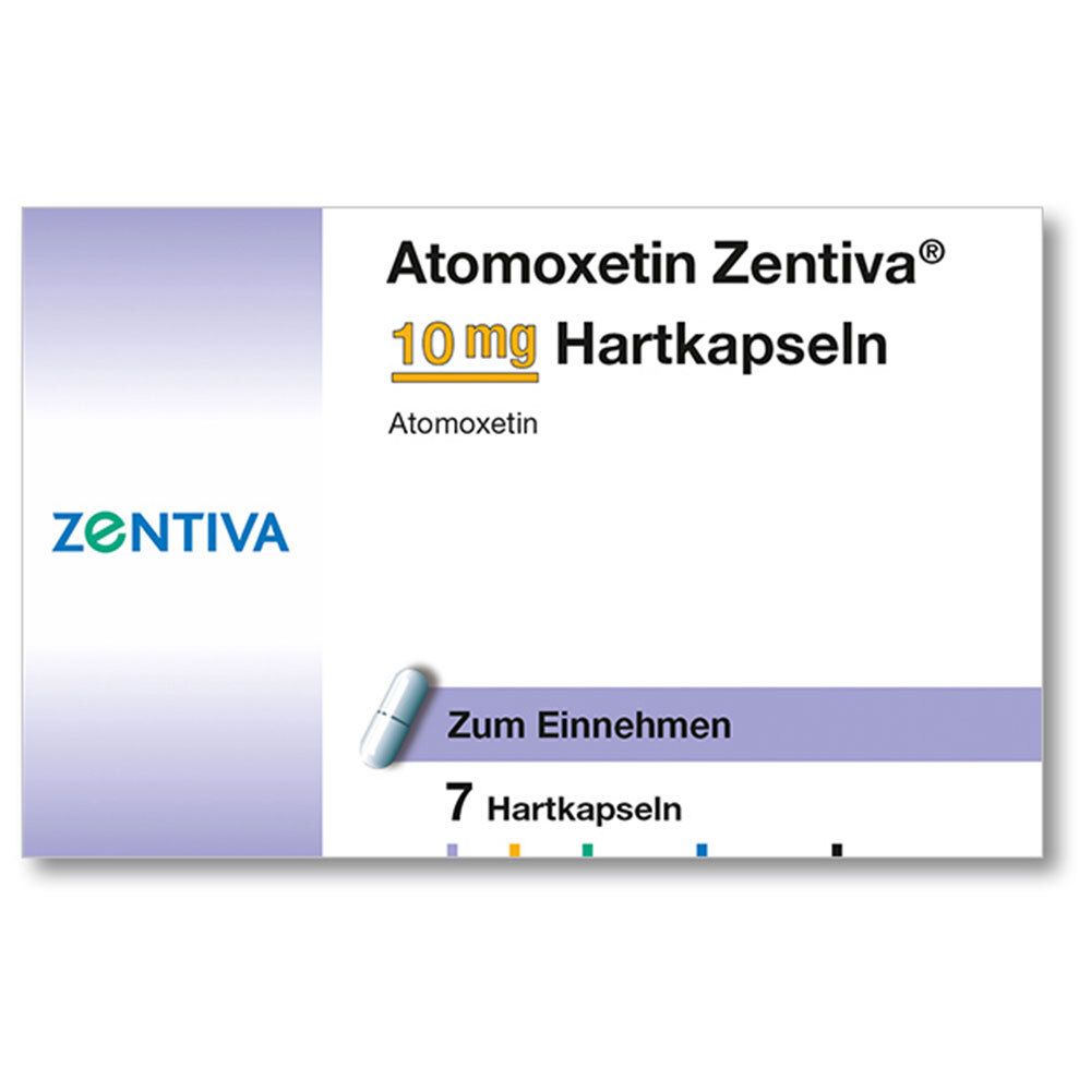 Atomoxetin Zentiva® 10 mg Hartkapseln Packung. 7 Kapseln. Blaue und weiße Kapsel abgebildet. Zum Einnehmen.