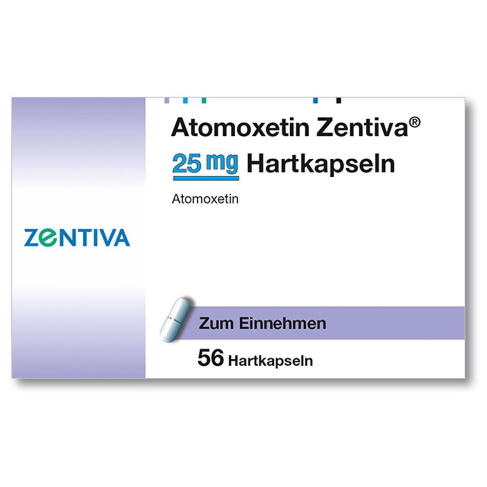 Schachtel mit Atomoxetin Zentiva® 25 mg Hartkapseln. Eine Kapsel liegt daneben. 56 Hartkapseln.