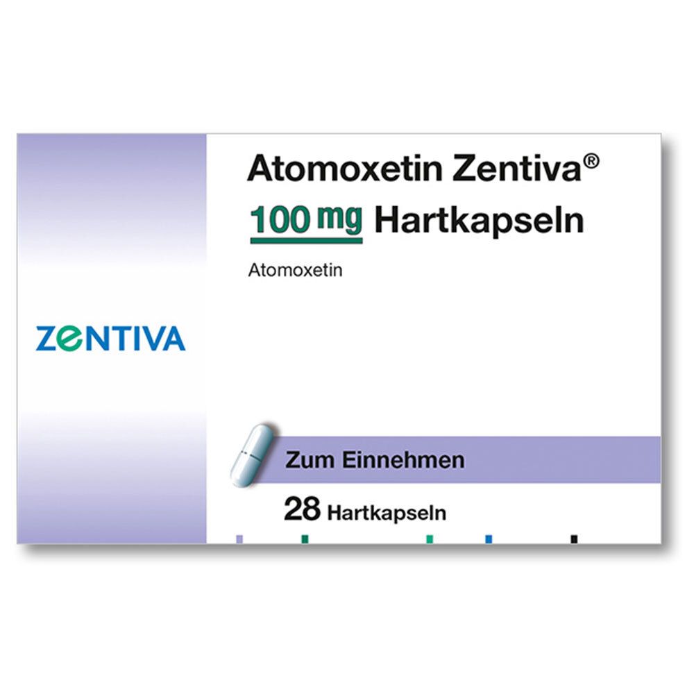 Verpackung von Atomoxetin Zentiva® 100 mg Hartkapseln. Enthält 28 Kapseln. Mit Zentiva-Logo und Produktinformationen.