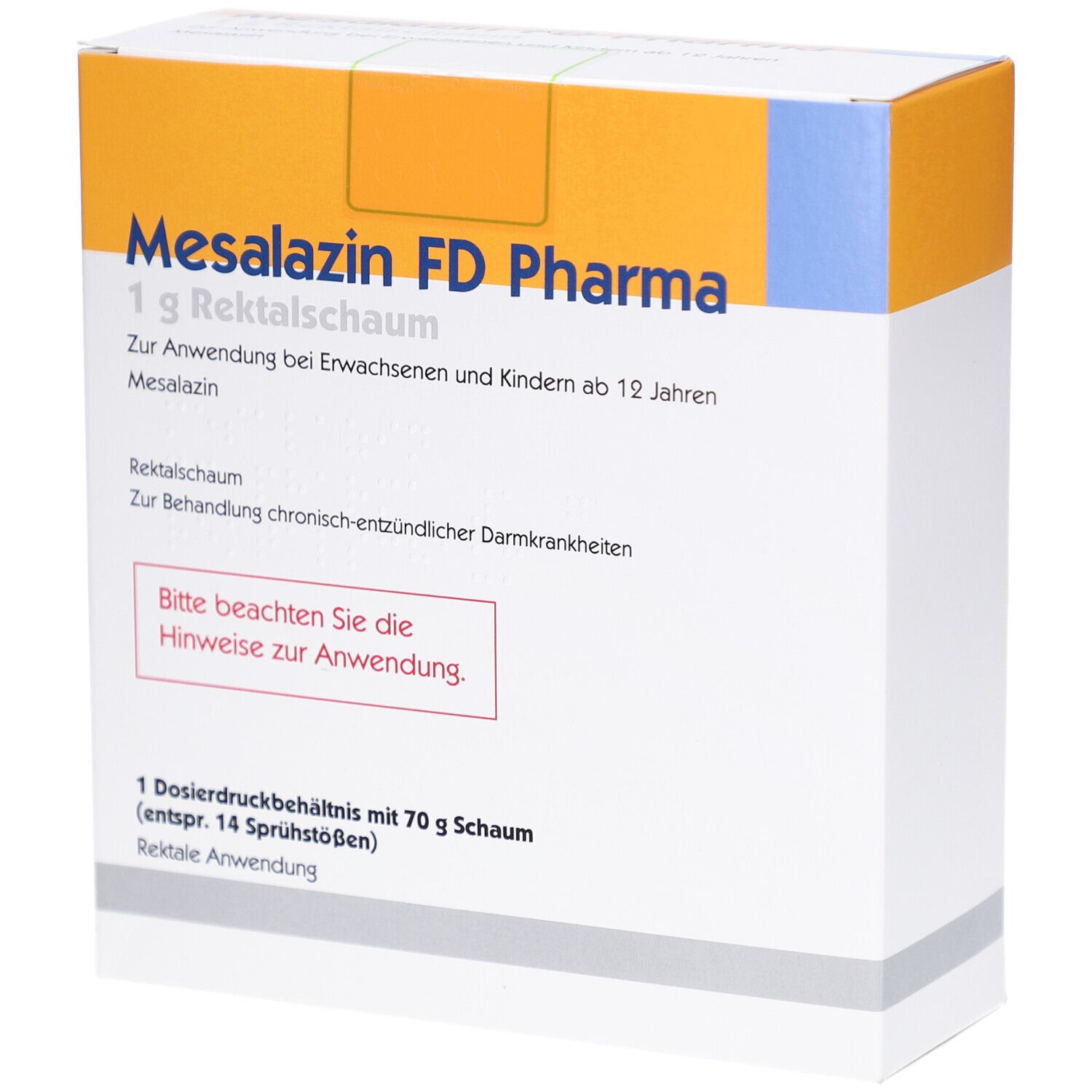 Schachtel mit Mesalazin FD Pharma 1 g Rektalschaum. Text: Zur Anwendung bei Erwachsenen und Kindern ab 12 Jahren. Rektale Anwendung.