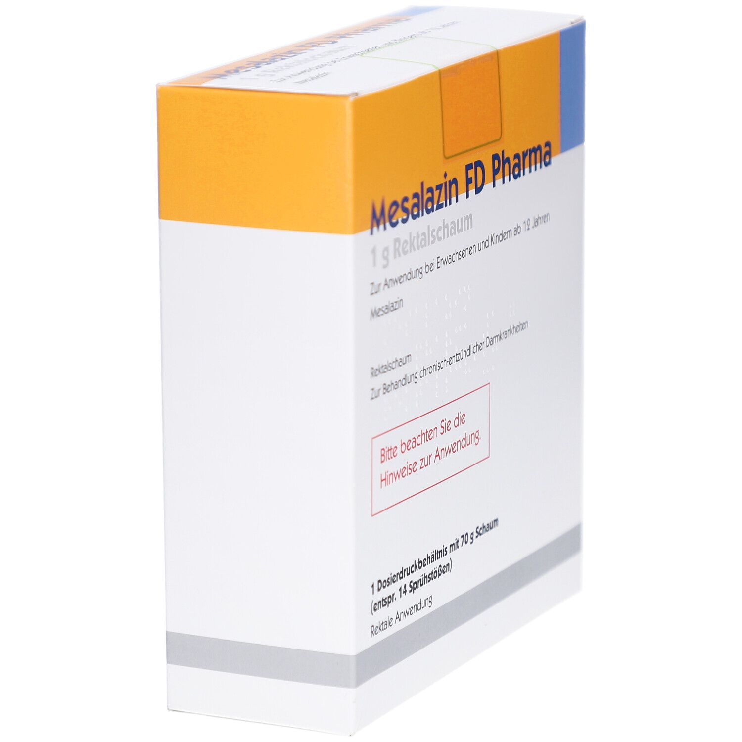 Schachtel Mesalazin FD Pharma 1 g Rektalschaum. Seitenansicht. Text: Zur Anwendung bei Erwachsenen und Kindern ab 12 Jahren. Rektale Anwendung.
