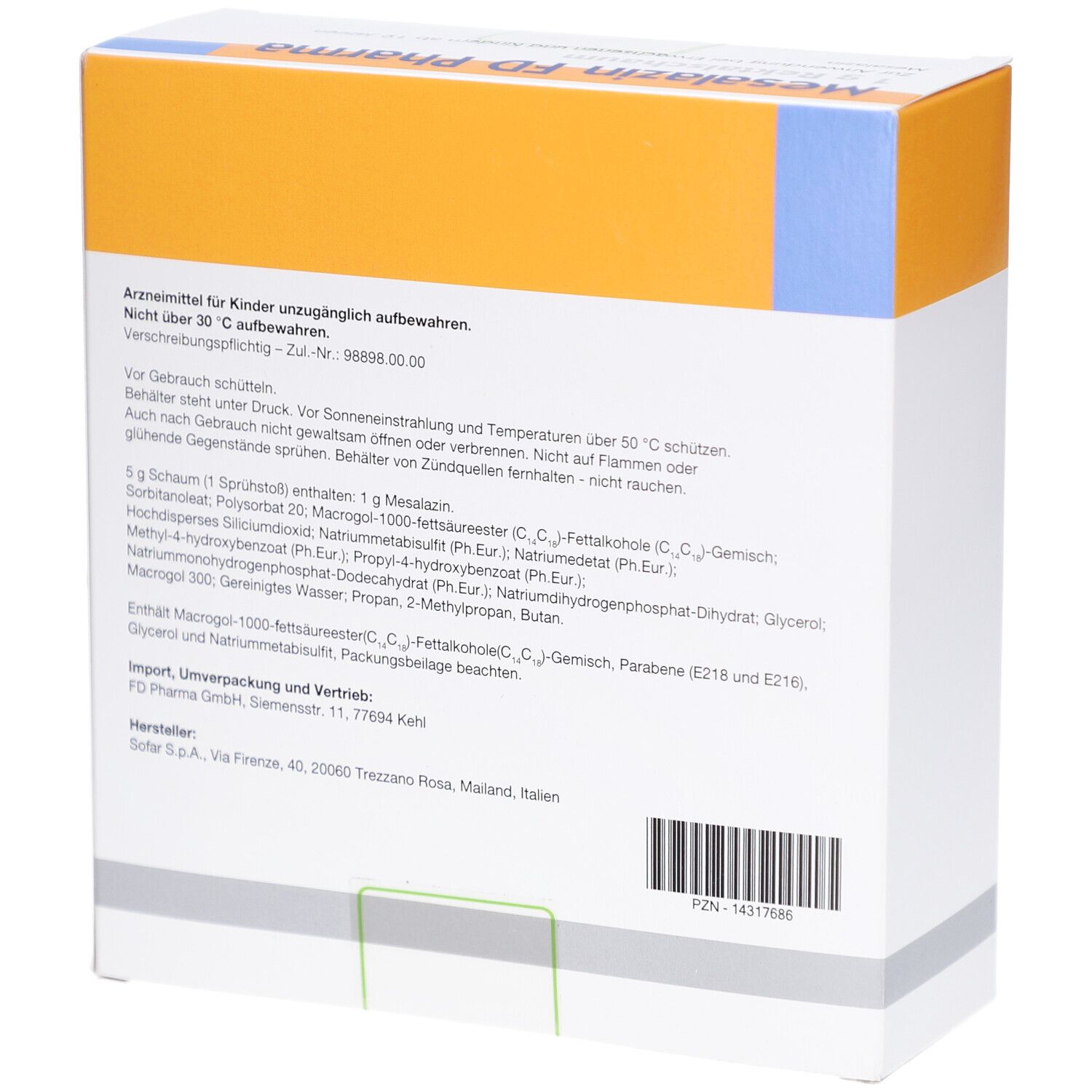 Rückseite der Schachtel Mesalazin FD Pharma. Text: Inhaltsstoffe, Importeur, Hersteller, Chargennummer, PZN-Nummer.