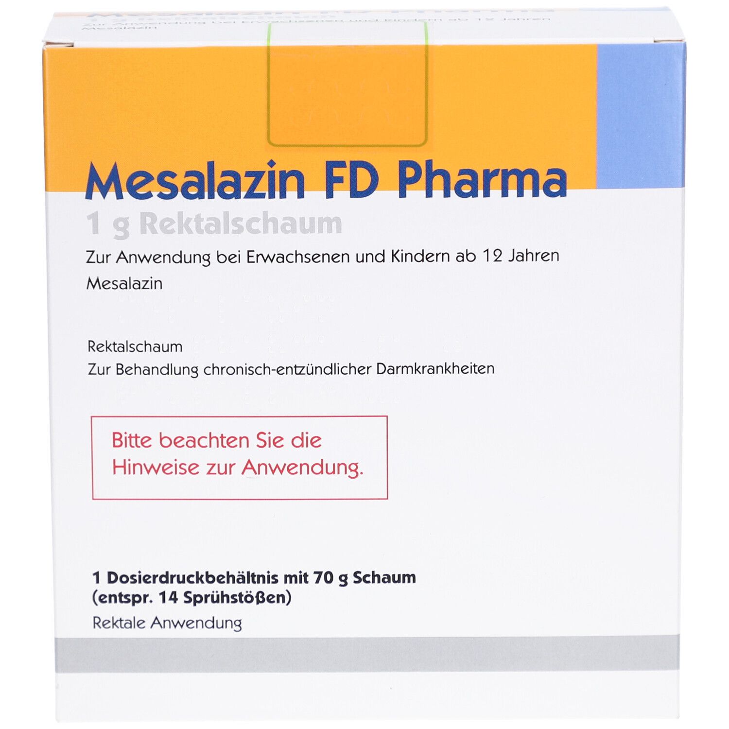 Schachtel Mesalazin FD Pharma 1 g Rektalschaum. Text: Zur Anwendung bei Erwachsenen und Kindern ab 12 Jahren. Rektale Anwendung.