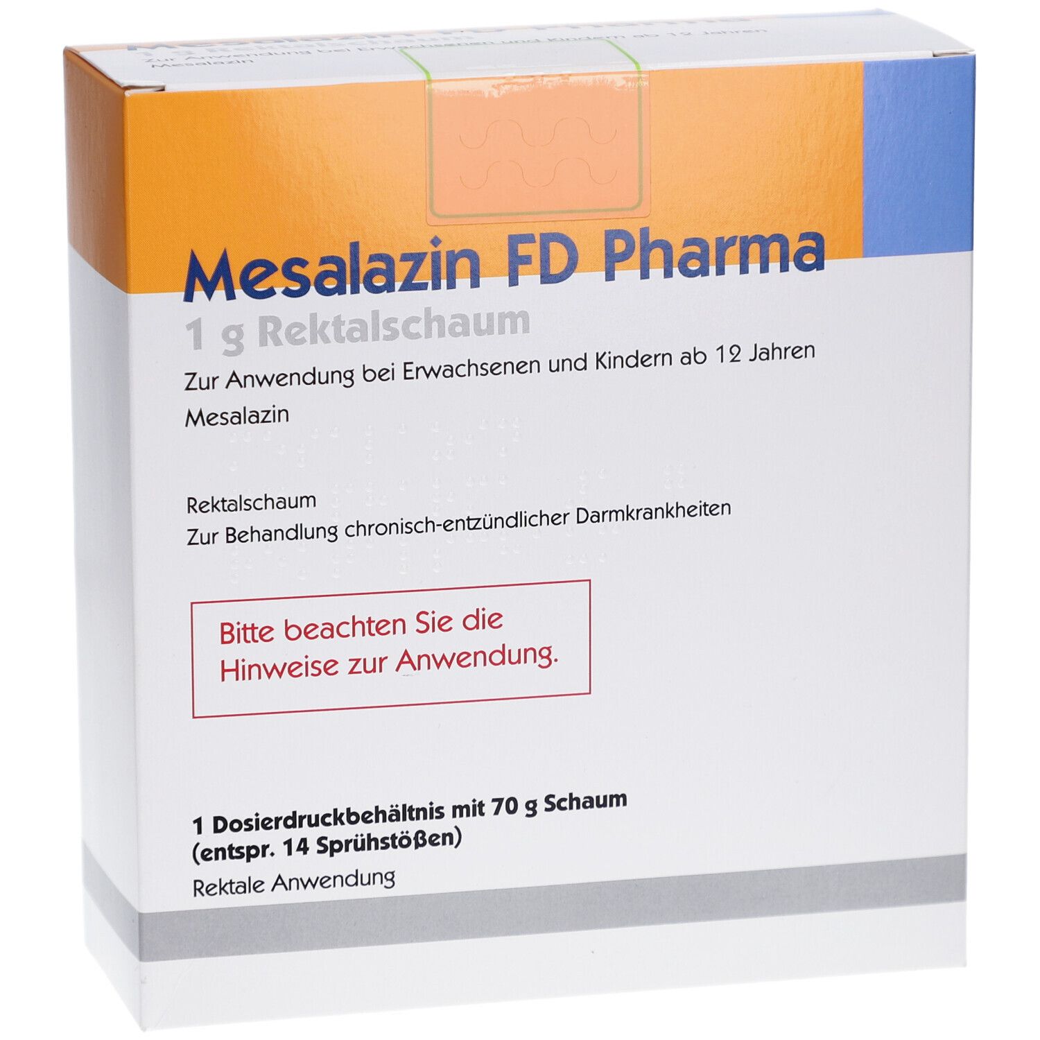 Schachtel Mesalazin FD Pharma 1 g Rektalschaum. Text: Zur Anwendung bei Erwachsenen und Kindern ab 12 Jahren. Rektale Anwendung.