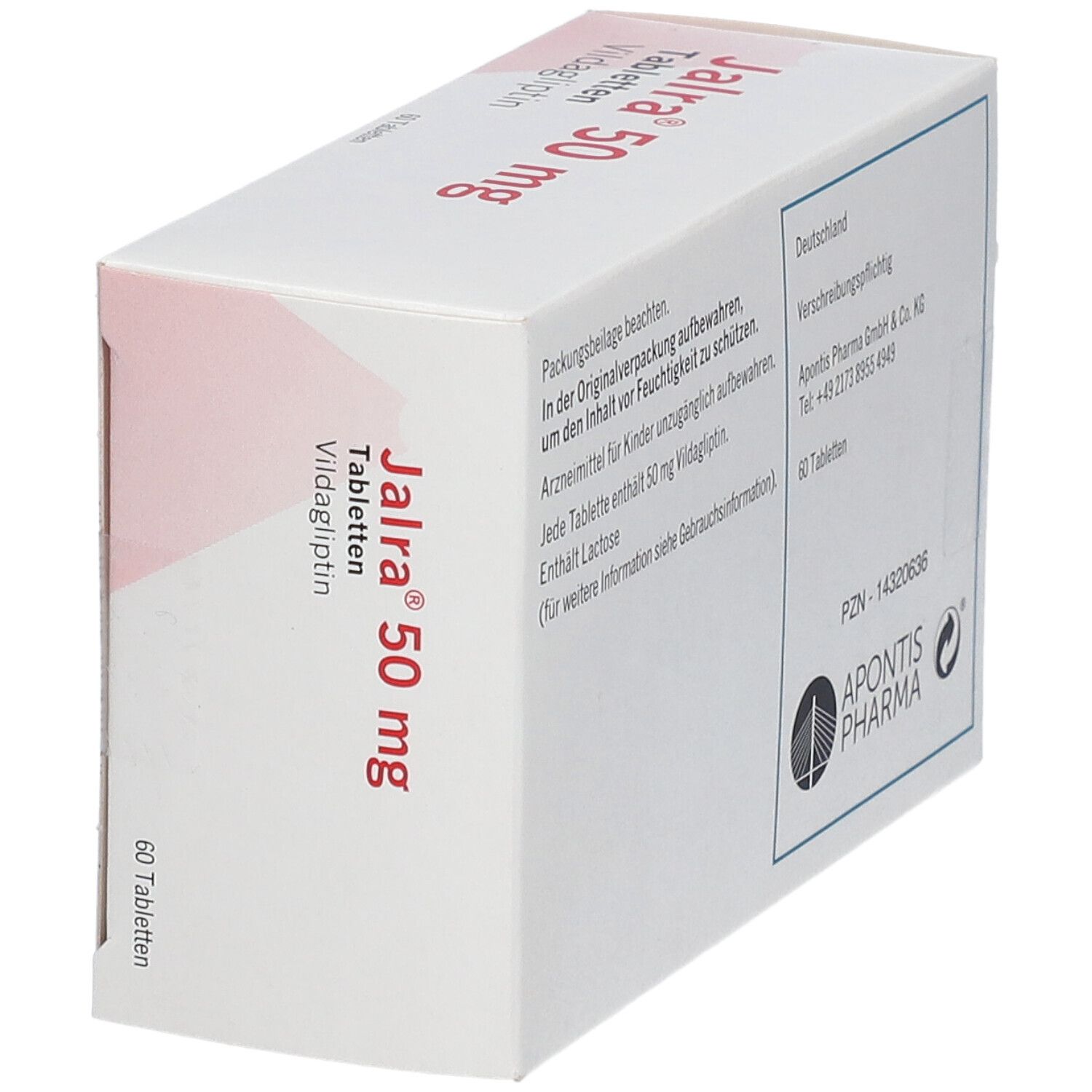 Schrägansicht der Jalra® 50 mg Tabletten-Schachtel. Rote Schrift auf weißem Grund. 60 Tabletten.