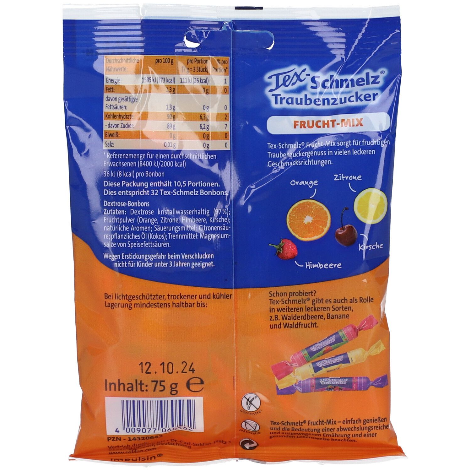 Rückseite der Tex-Schmelz Traubenzucker Frucht-Mix Verpackung. Enthält Informationen zu Nährwerten und Zutaten. Sichtbar: Haltbarkeitsdatum, Inhalt 75 g.