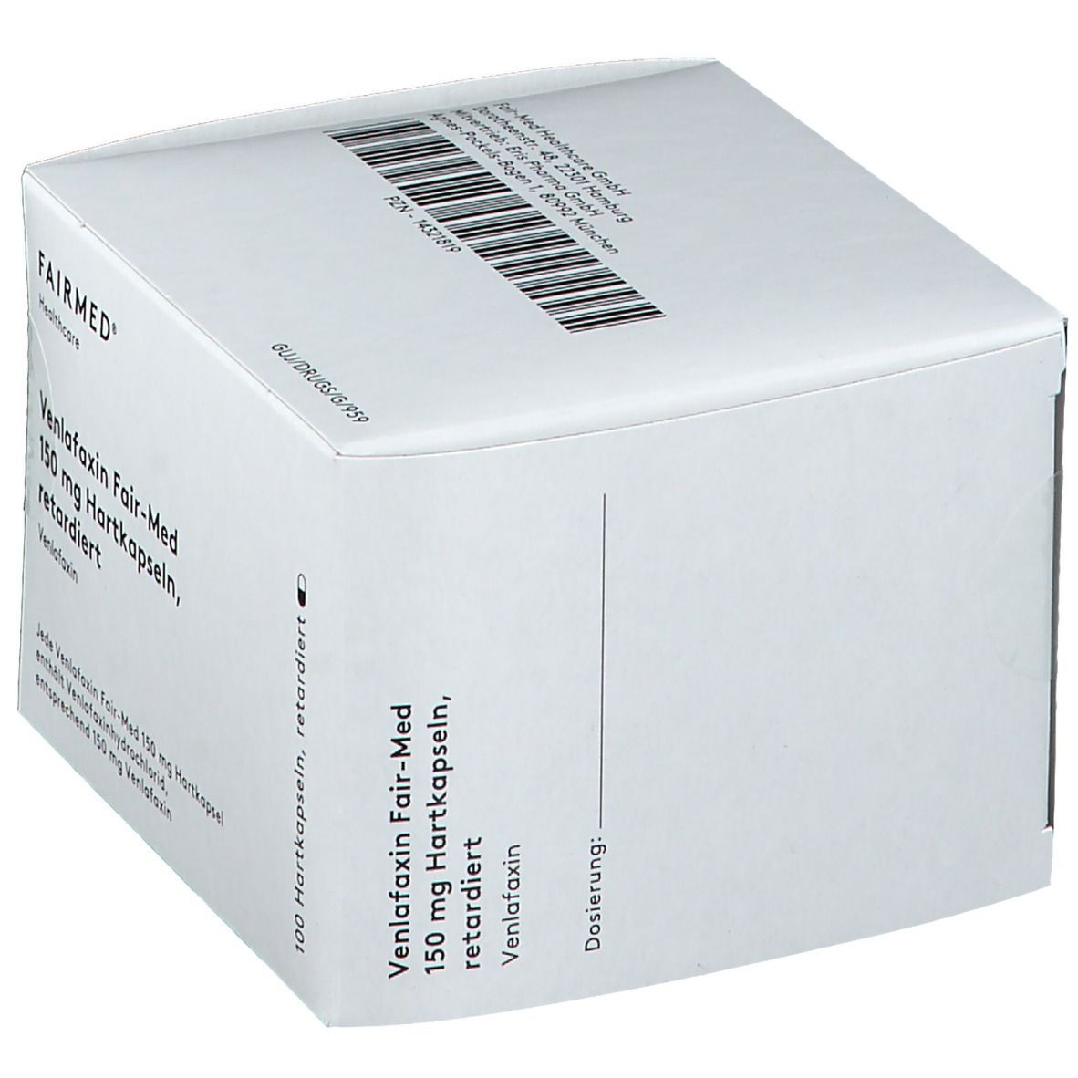 Weiße Faltschachtel mit Produktinformationen. Aufschrift: Venlafaxin Fair-Med 150 mg Hartkapseln, retardiert. Barcode und Dosierung.