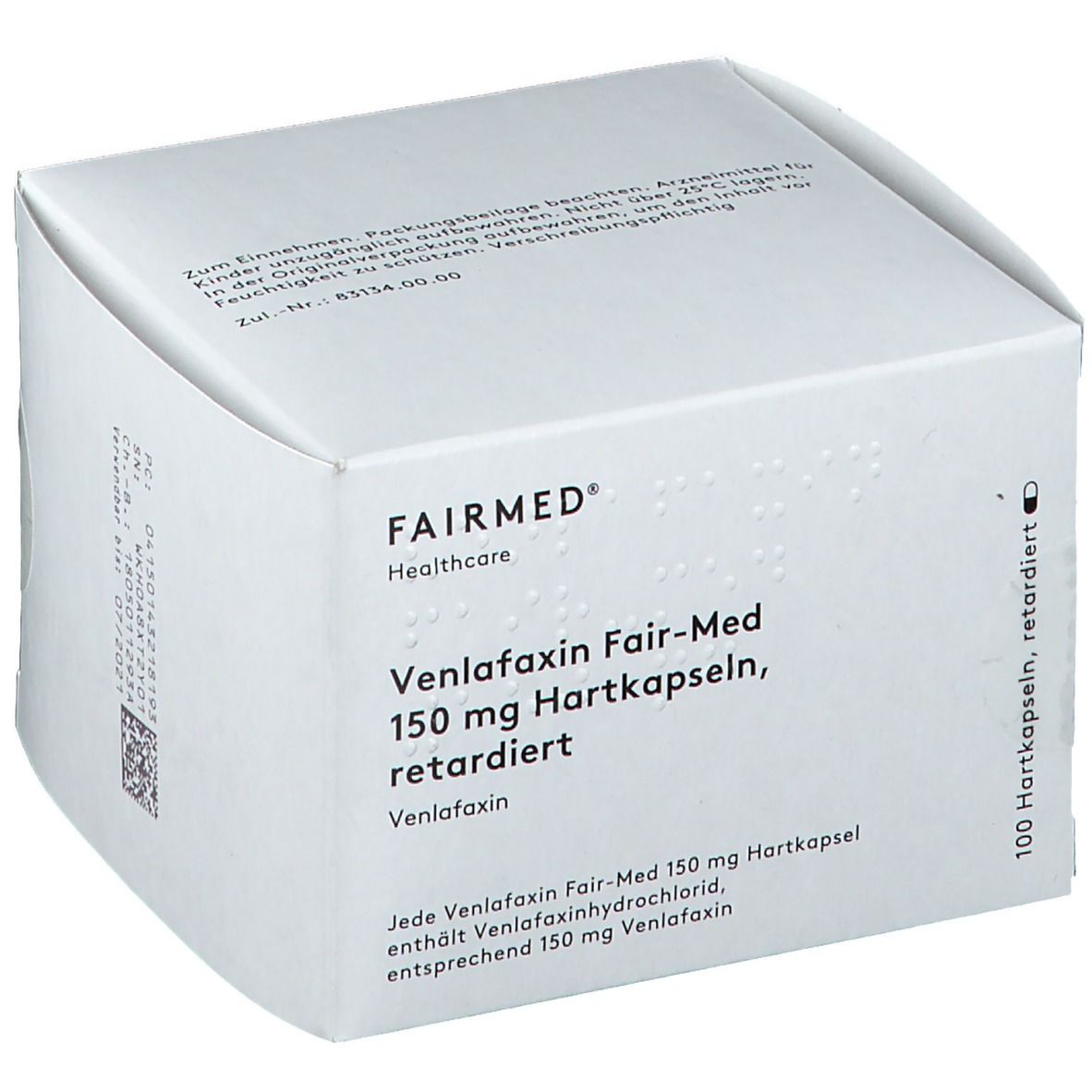 Weiße Faltschachtel mit Produktinformationen. Aufschrift: Venlafaxin Fair-Med 150 mg Hartkapseln, retardiert. 100 Hartkapseln, retardiert.