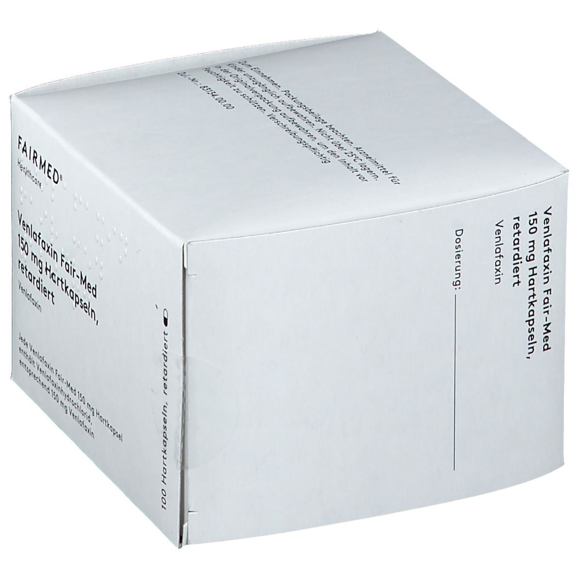 Weiße Faltschachtel mit Produktinformationen. Aufschrift: Venlafaxin Fair-Med 150 mg Hartkapseln, retardiert. Dosierung.