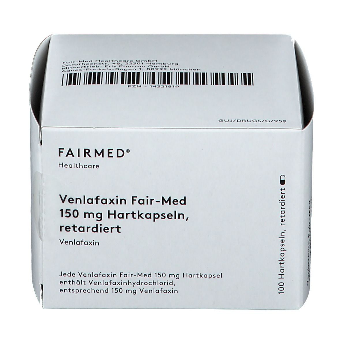 Weiße Faltschachtel mit Produktinformationen. Aufschrift: Venlafaxin Fair-Med 150 mg Hartkapseln, retardiert. 100 Hartkapseln, retardiert.