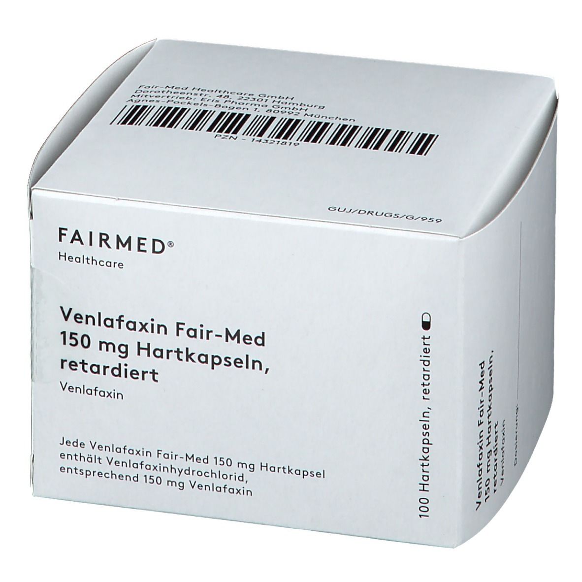 Weiße Faltschachtel mit Produktinformationen. Aufschrift: Venlafaxin Fair-Med 150 mg Hartkapseln, retardiert. 100 Hartkapseln, retardiert.
